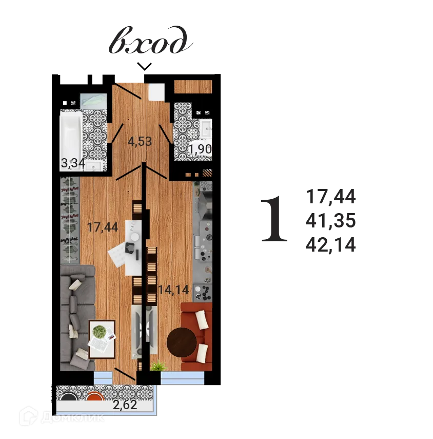 Планировка 1-комнатной квартиры 42.14 м² в ЖК Навигатор, г. Воронеж — фото 1