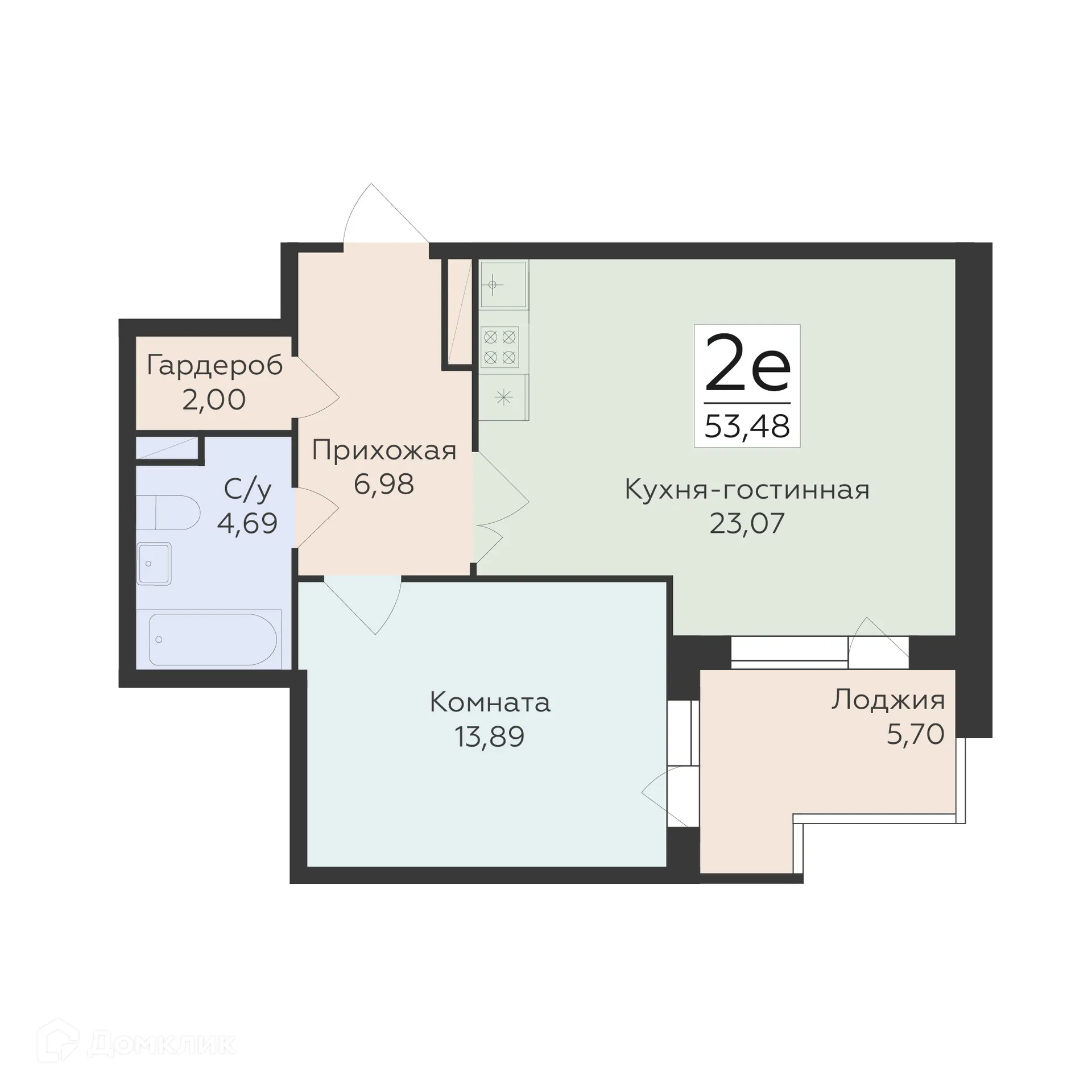 Планировка 2-комнатной квартиры 53.48 м² в ЖК "Квартал-45", г. Воронеж — фото 1