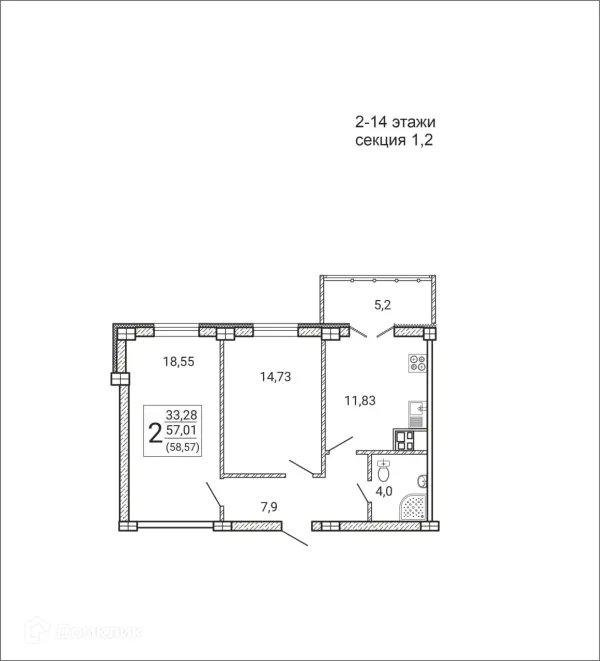 Планировка 2 комн. в ЖК "Ю"