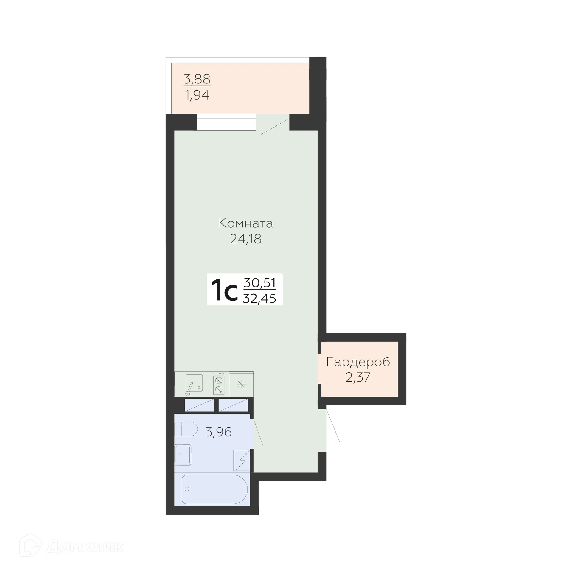 Планировка 1-комнатной квартиры 32.45 м² в ЖК Зарядье, г. Воронеж — фото 1