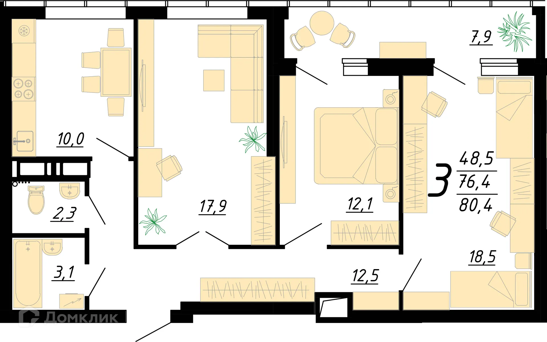 Планировка 3-комнатной квартиры 81.2 м² в ЖК "Европейский", г. Воронеж — фото 1