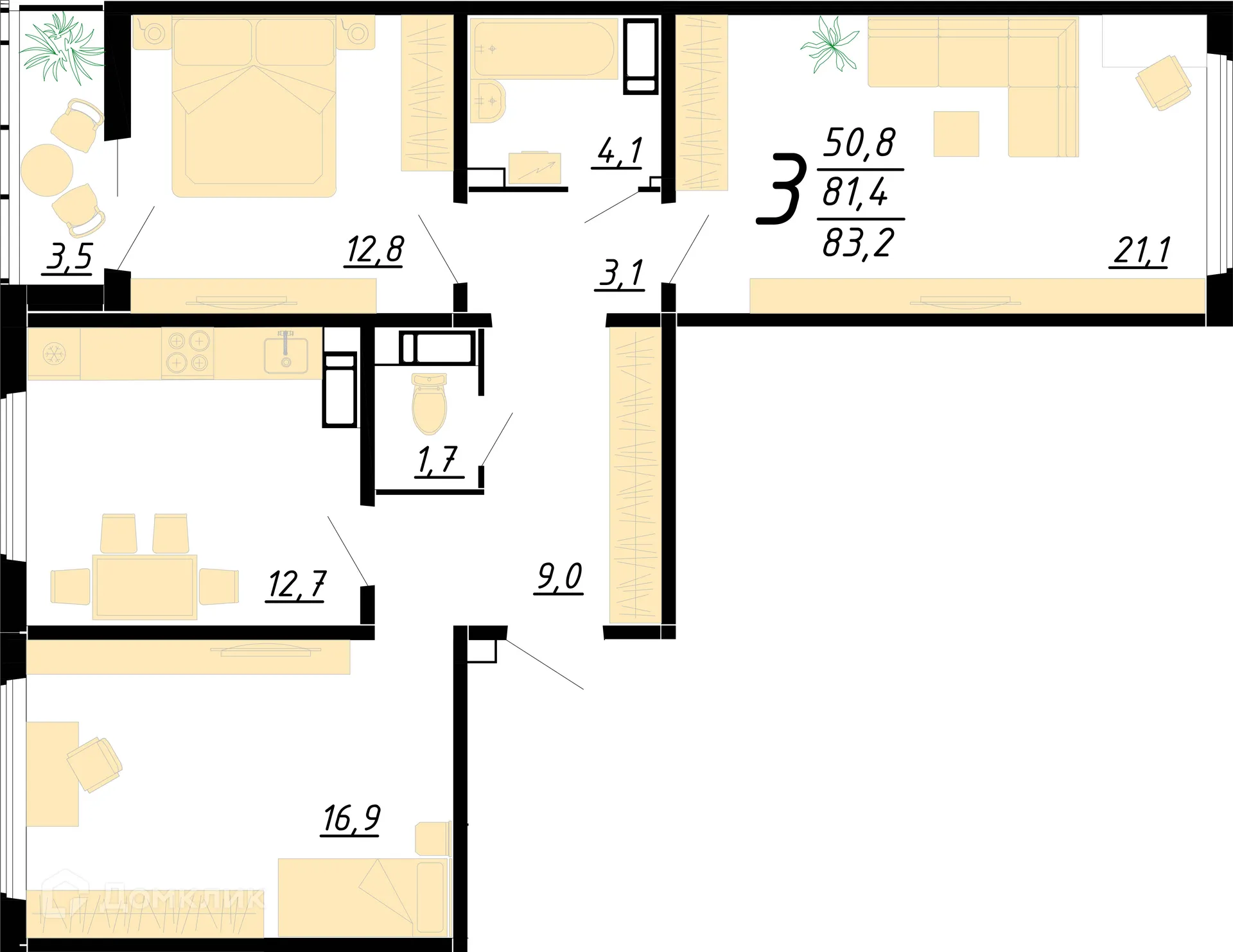 Планировка 3-комнатной квартиры 82.8 м² в ЖК Яблоневые сады, г. Воронеж — фото 1
