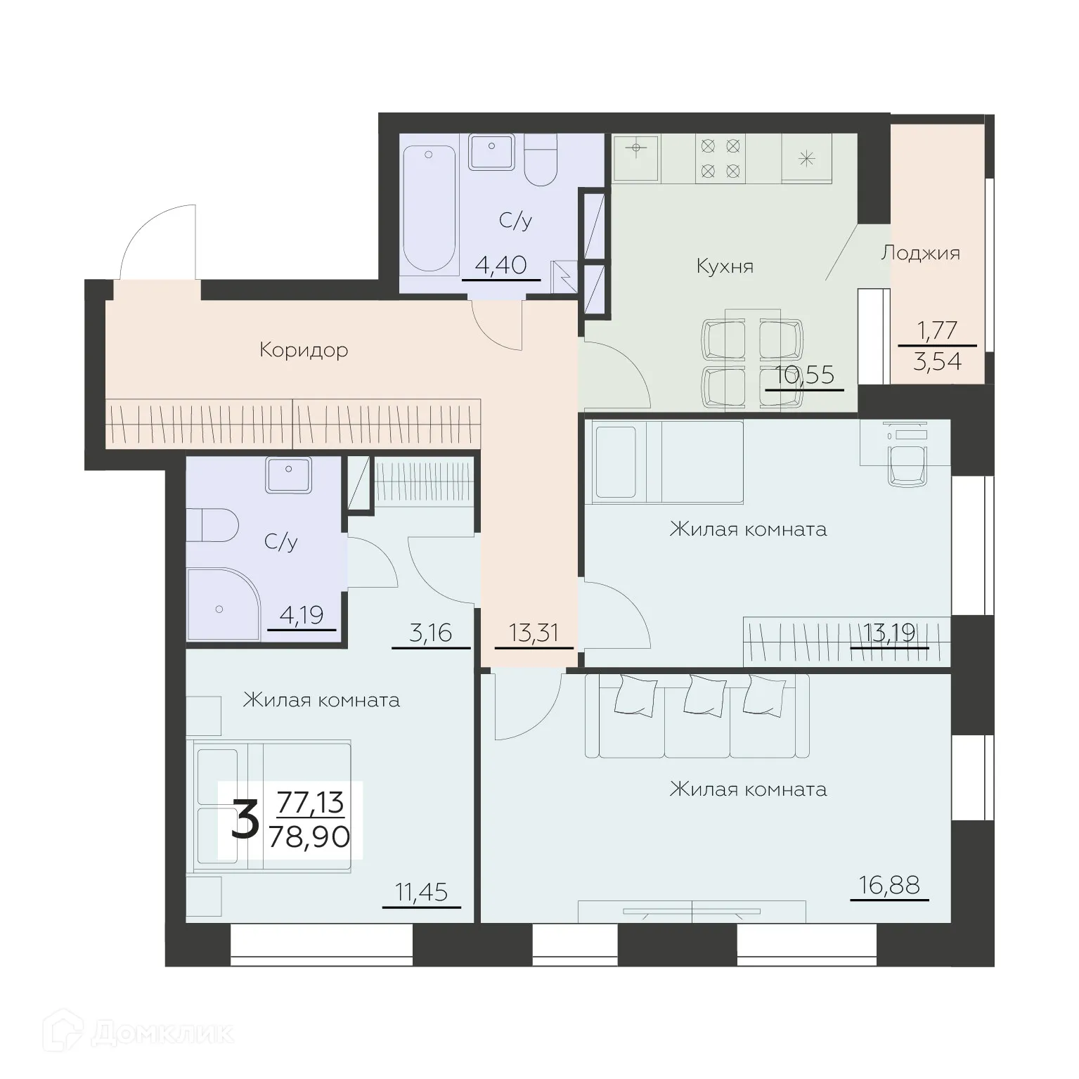 Планировка 3-комнатной квартиры 78.9 м² в ЖК Заря, г. Воронеж — фото 1