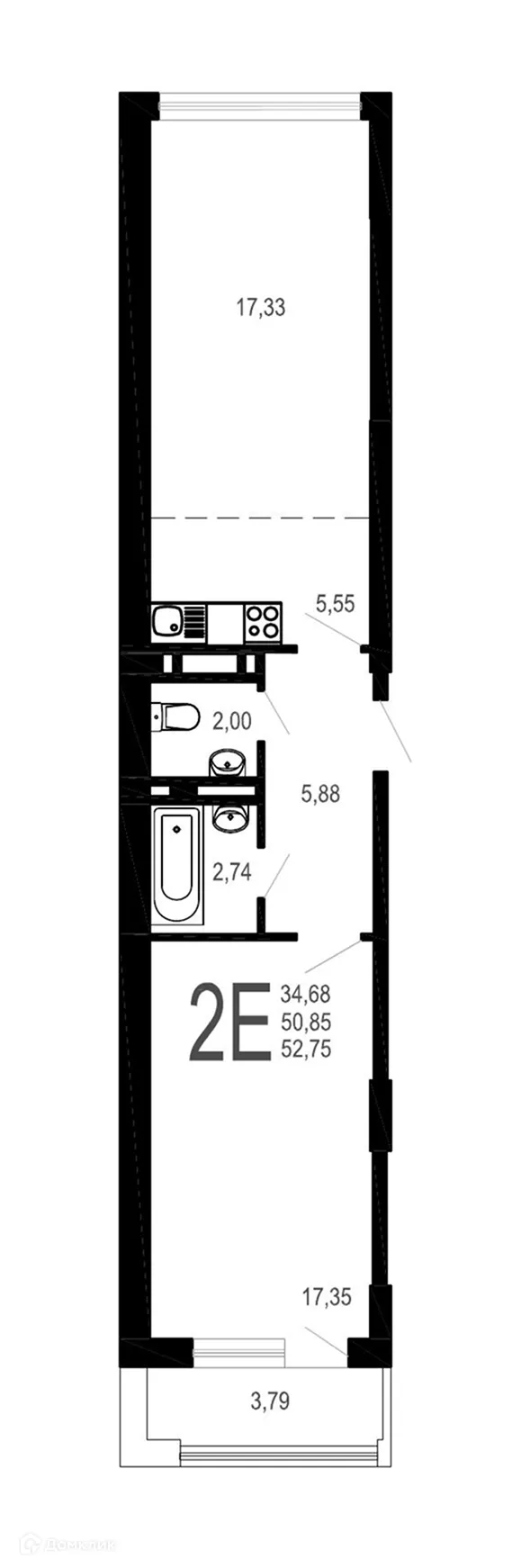 Планировка 2-комнатной квартиры 52.75 м² в ЖК Никитин, г. Воронеж — фото 1