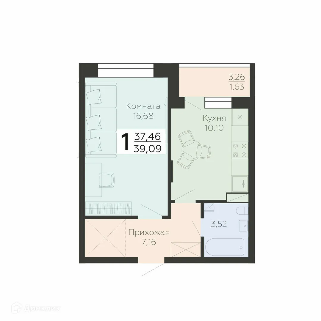 Планировка 1-комнатной квартиры 39.09 м² в ЖК "Галактика 3", г. Воронеж — фото 1