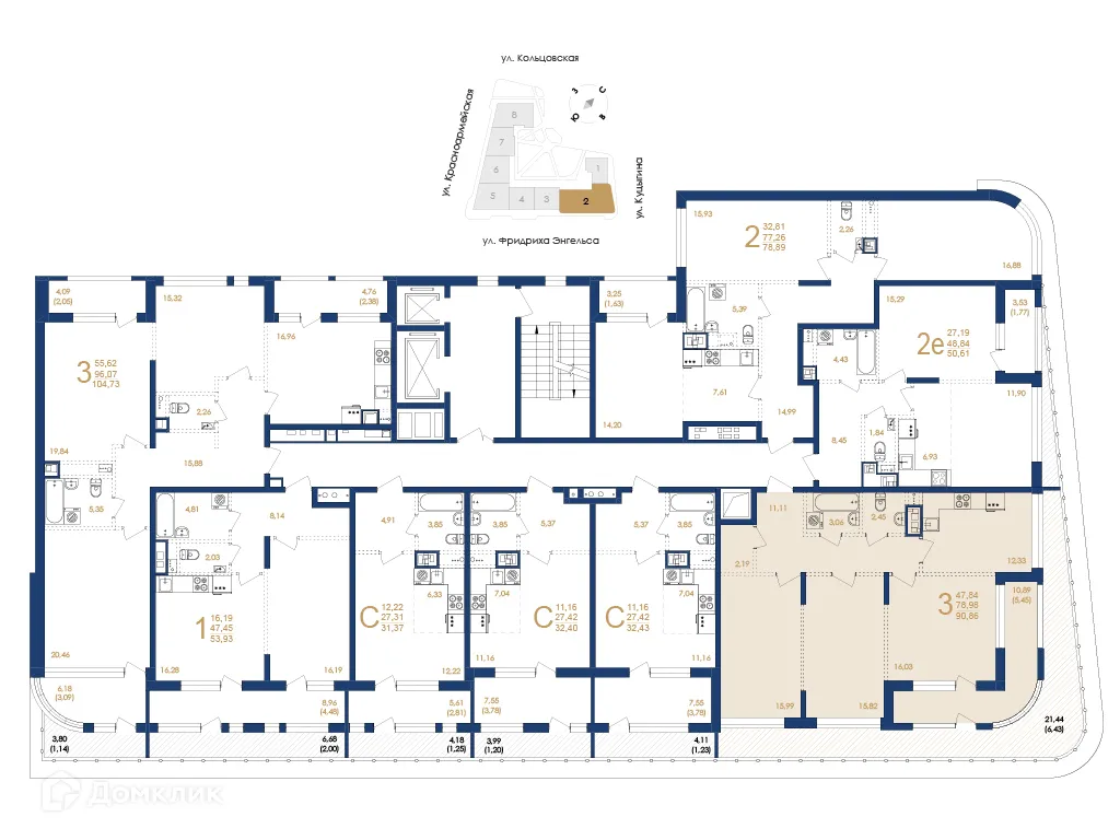 Планировка 3-комнатной квартиры 90.86 м² в ЖК Жилой дом по ул. Фридриха Энгельса, г. Воронеж — фото 6