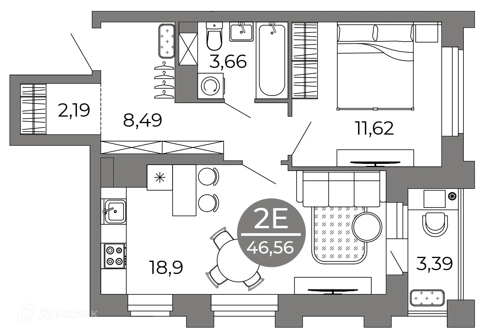 Планировка 2-комнатной квартиры 46.56 м² в ЖК Галилей, г. Воронеж — фото 1