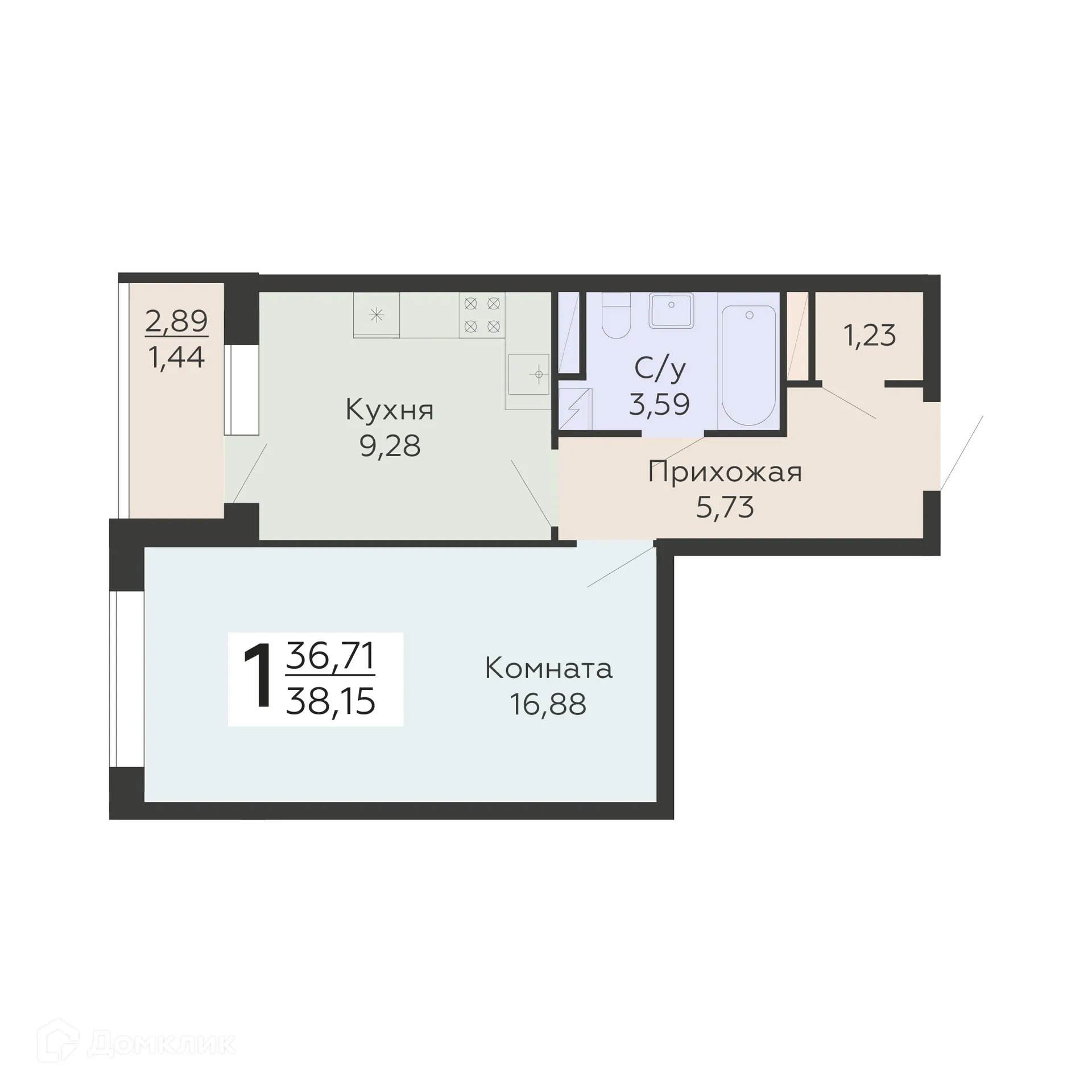Планировка 1-комнатной квартиры 38.15 м² в ЖК "Никитинские сады", г. Воронеж — фото 1