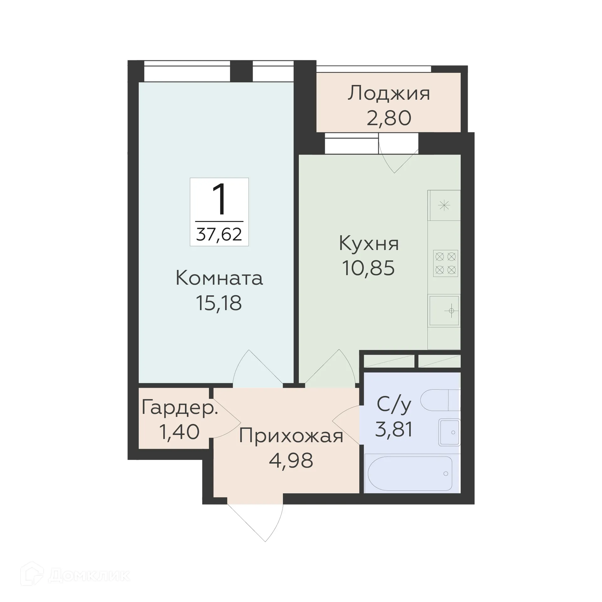 Планировка 1-комнатной квартиры 37.62 м² в ЖК "Квартал-45", г. Воронеж — фото 1