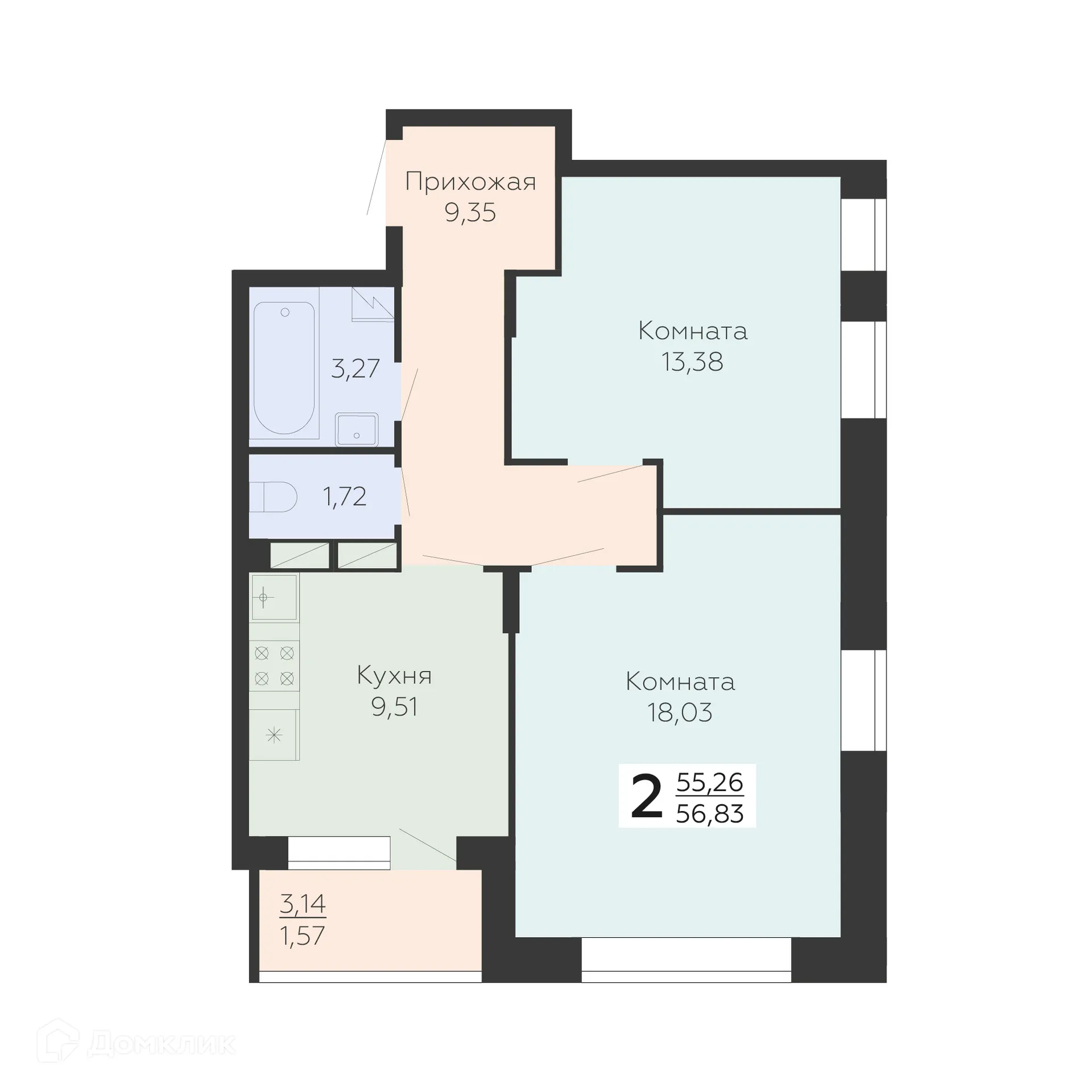 Планировка 2-комнатной квартиры 56.83 м² в ЖК Зарядье, г. Воронеж — фото 1