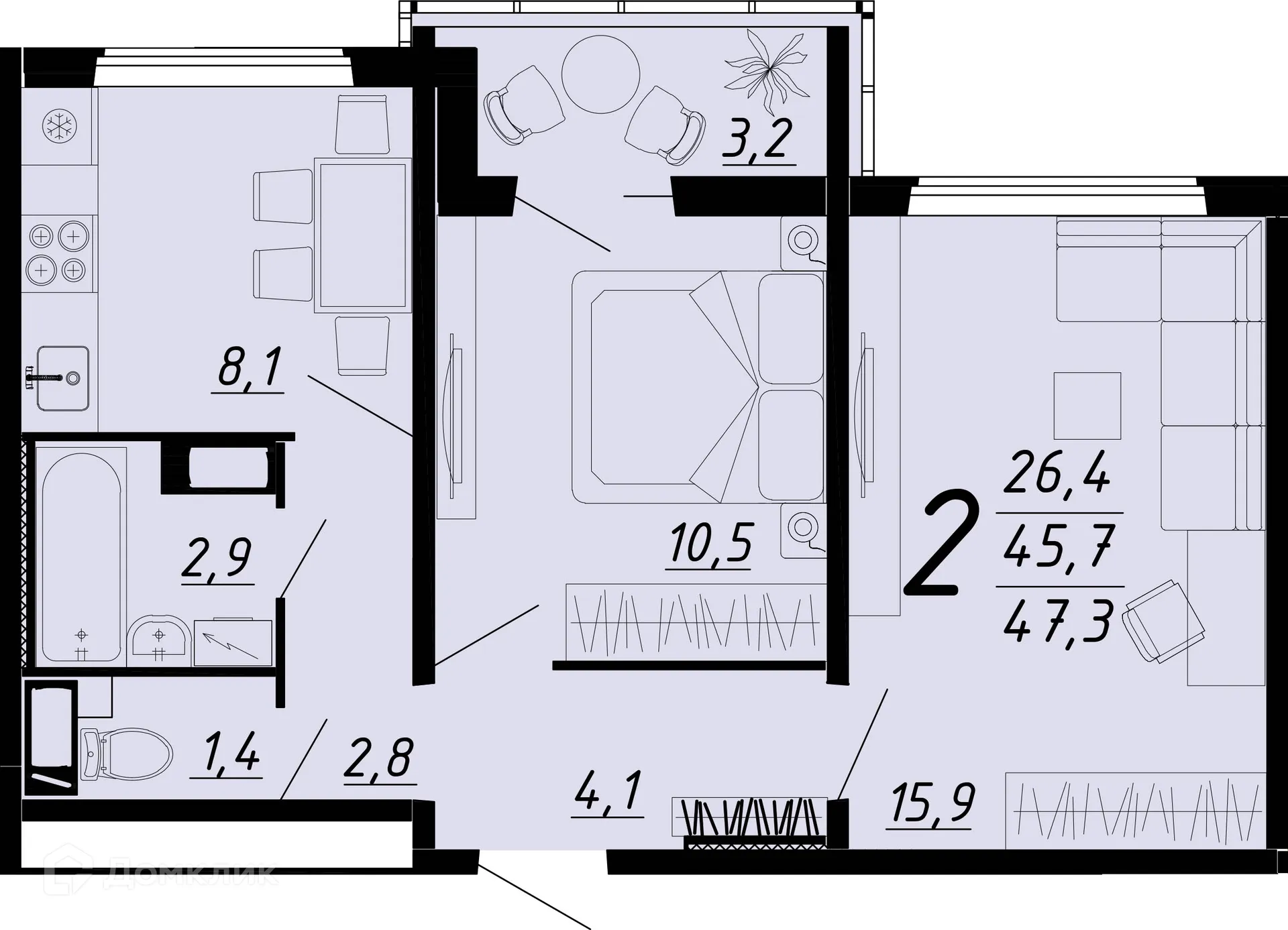 Планировка 2-комнатной квартиры 47.1 м² в ЖК Ласточкино, г. Воронеж — фото 2