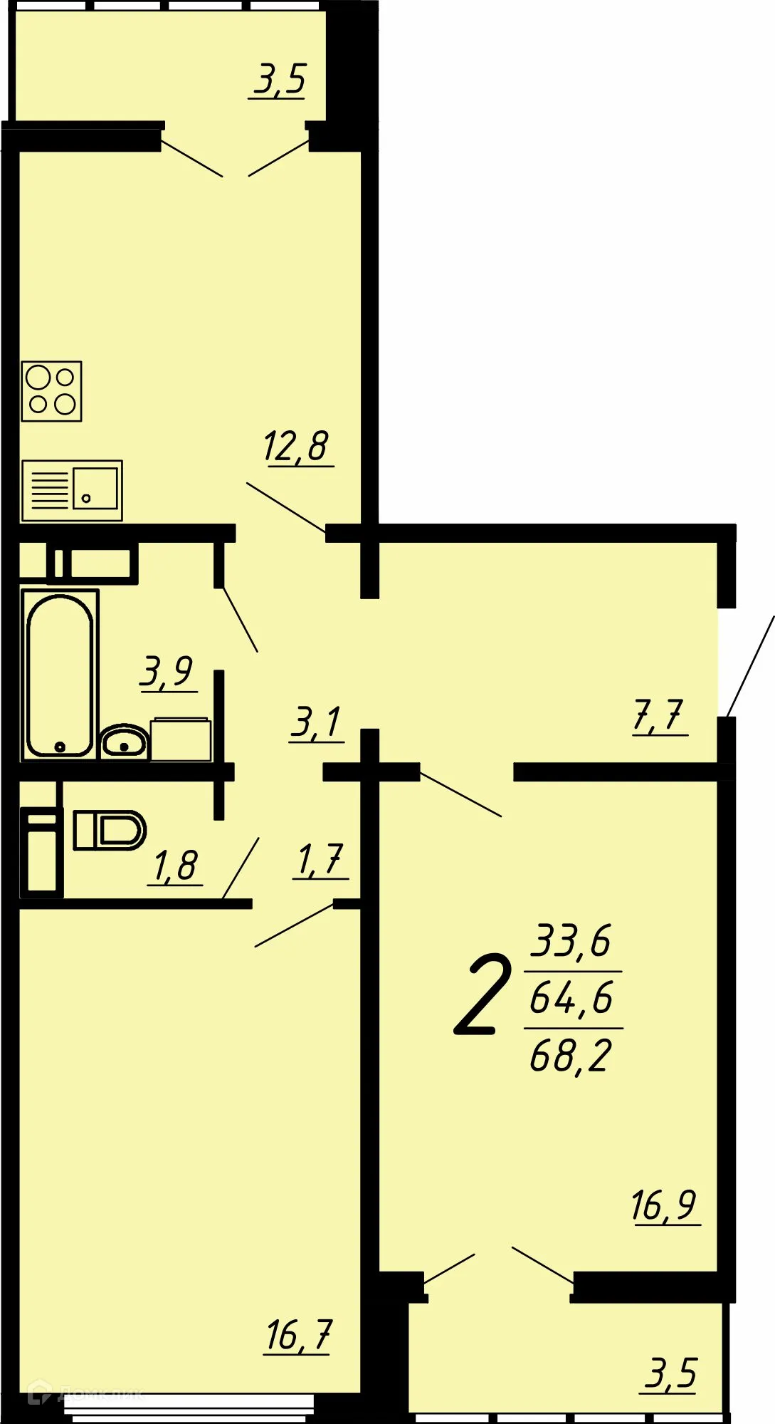 Планировка 2-комнатной квартиры 68.1 м² в ЖК Яблоневые сады, г. Воронеж — фото 1