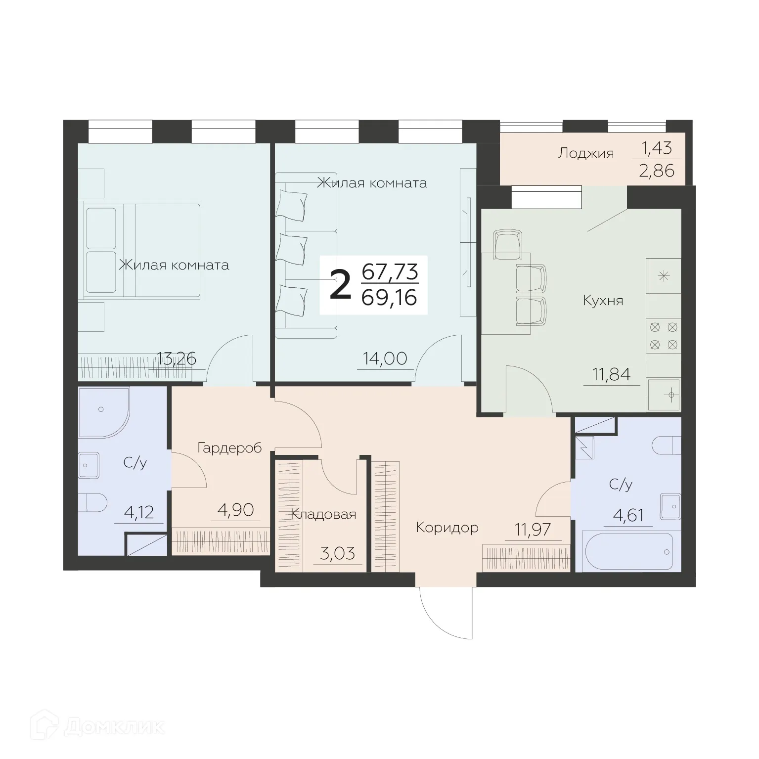 Планировка 2-комнатной квартиры 69.16 м² в ЖК Заря, г. Воронеж — фото 1