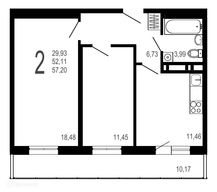 Планировка 2-комнатной квартиры 57.2 м² в ЖК Никитин, г. Воронеж — фото 1