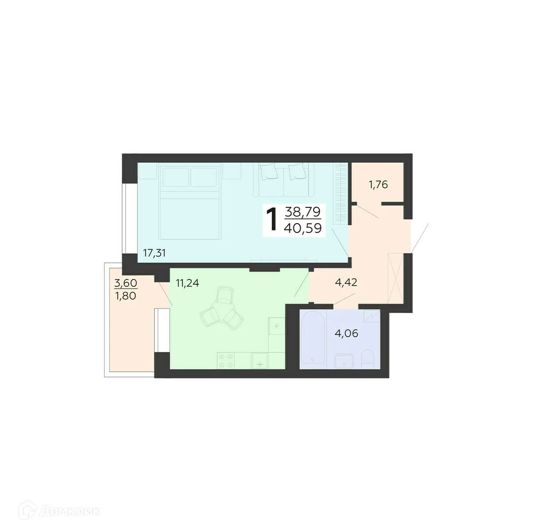 Планировка 1-комнатной квартиры 40.59 м² в ЖК "Галактика 3", г. Воронеж — фото 1