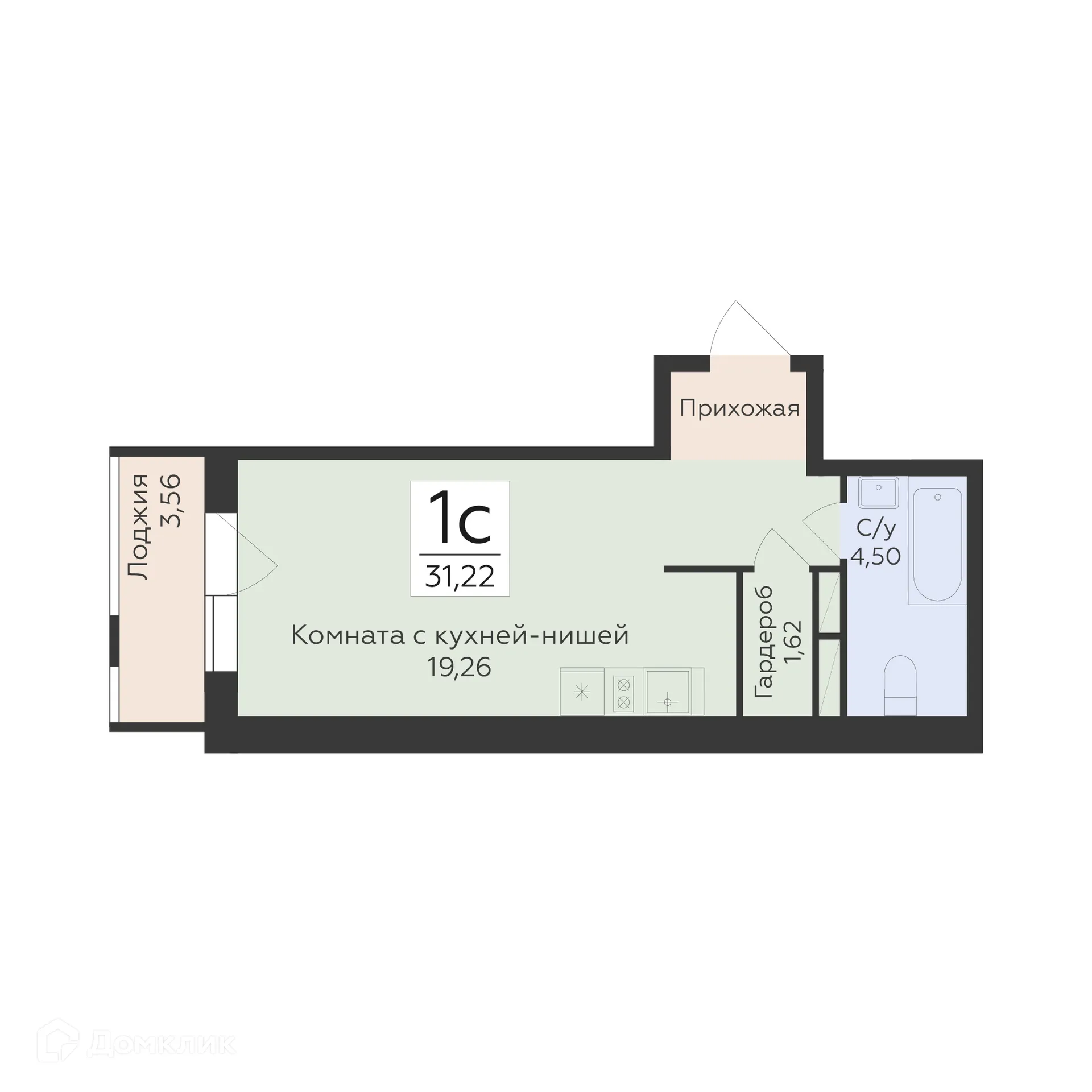 Планировка 1-комнатной квартиры 31.22 м² в ЖК "Квартал-45", г. Воронеж — фото 1