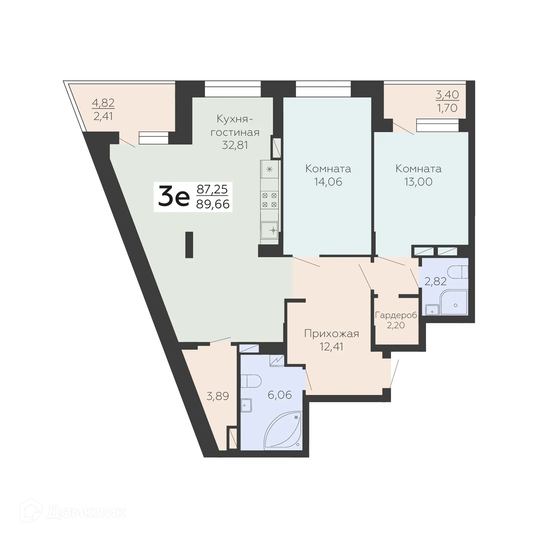 Планировка 3-комнатной квартиры 89.66 м² в ЖК Зарядье, г. Воронеж — фото 1