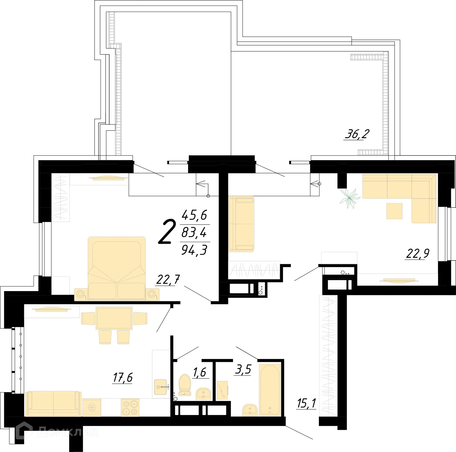 Планировка 2-комнатной квартиры 94.3 м² в ЖК "Европейский", г. Воронеж — фото 2