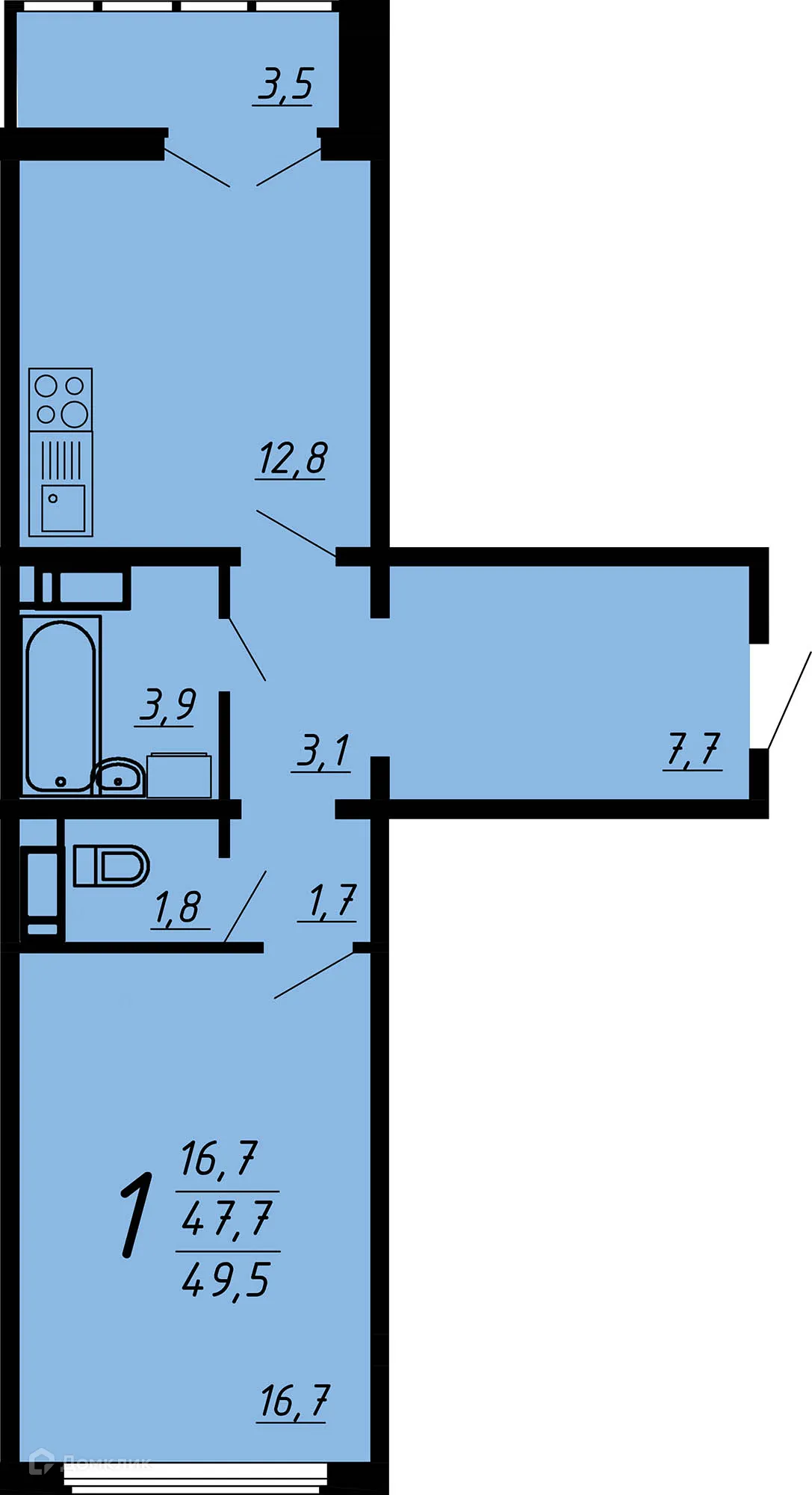 Планировка 1-комнатной квартиры 46.7 м² в ЖК Яблоневые сады, г. Воронеж — фото 1