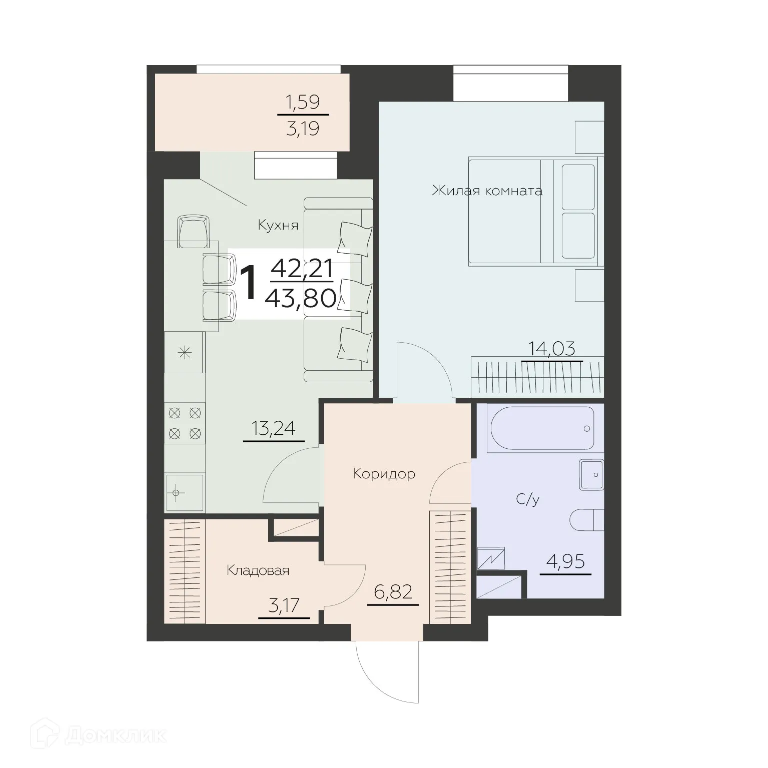 Планировка 1-комнатной квартиры 43.8 м² в ЖК Заря, г. Воронеж — фото 1