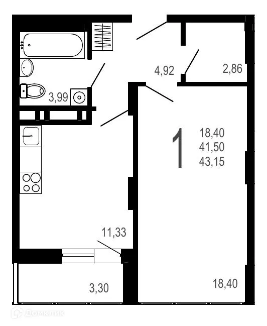 Планировка 1-комнатной квартиры 43.15 м² в ЖК Никитин, г. Воронеж — фото 1