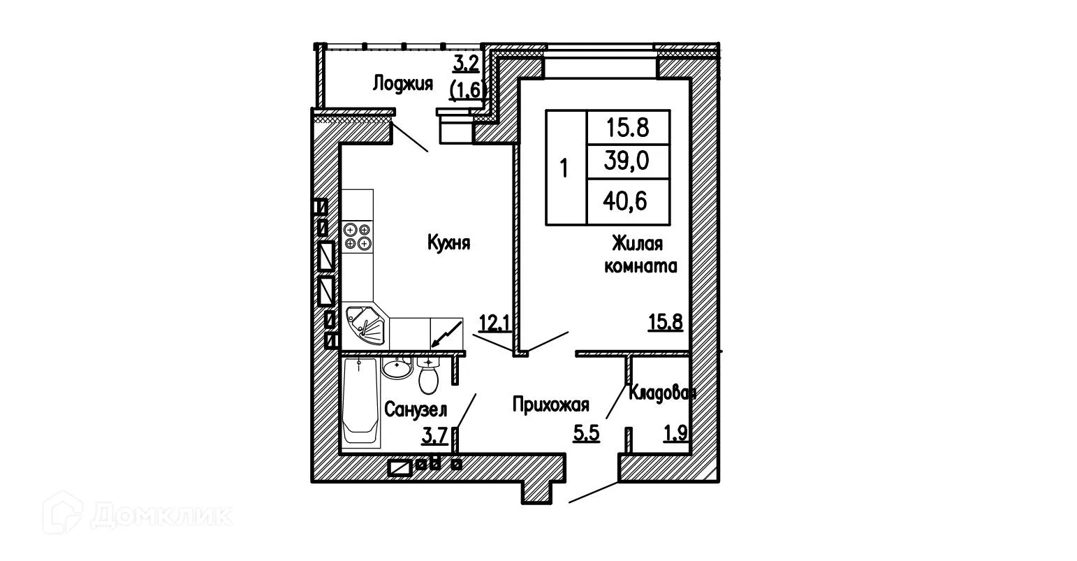 Планировка 1-комнатной квартиры 40.6 м² в ЖК Композитор, г. Воронеж — фото 1