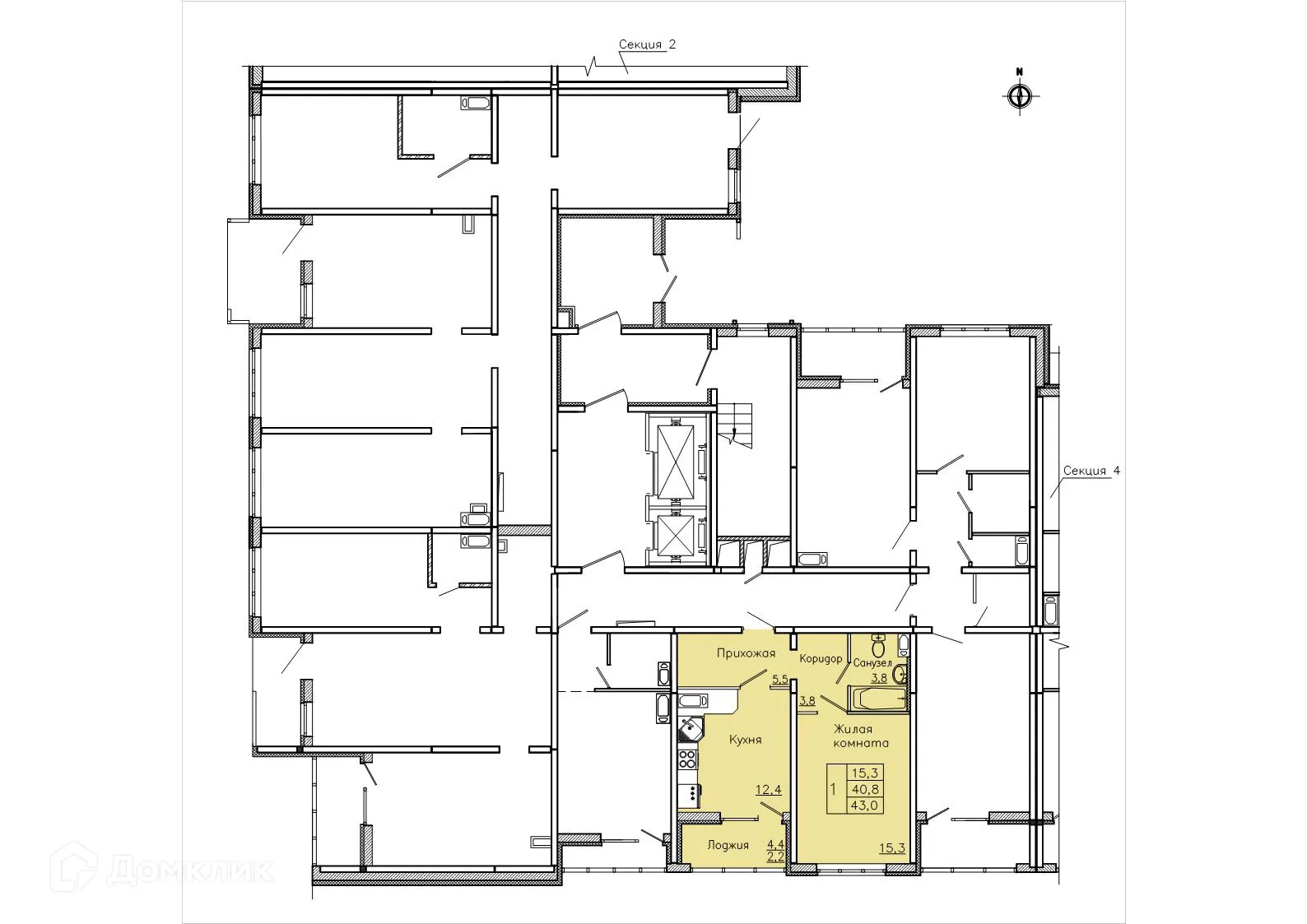 Планировка 1-комнатной квартиры 43 м² в ЖК "Боровое", г. Воронеж — фото 2