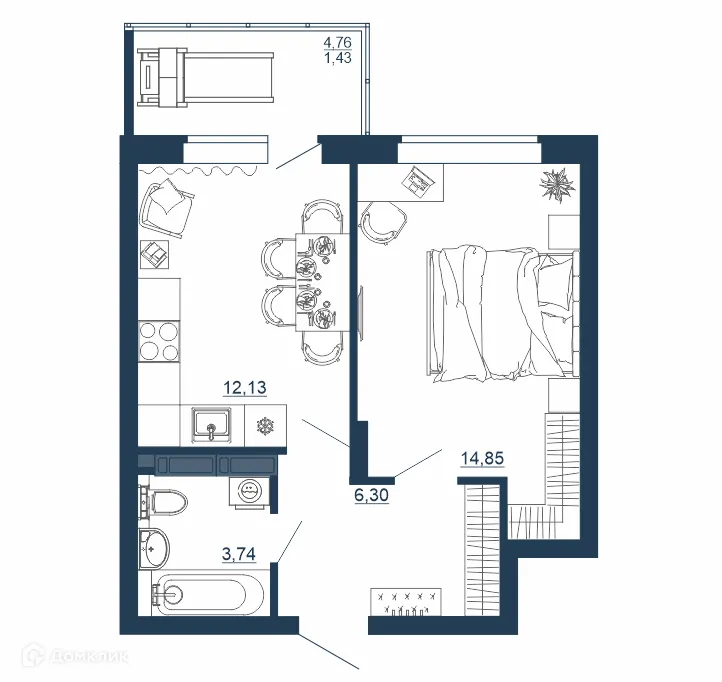 Планировка 1-комнатной квартиры 38.45 м² в ЖК ТИТУЛ, г. Воронеж — фото 1