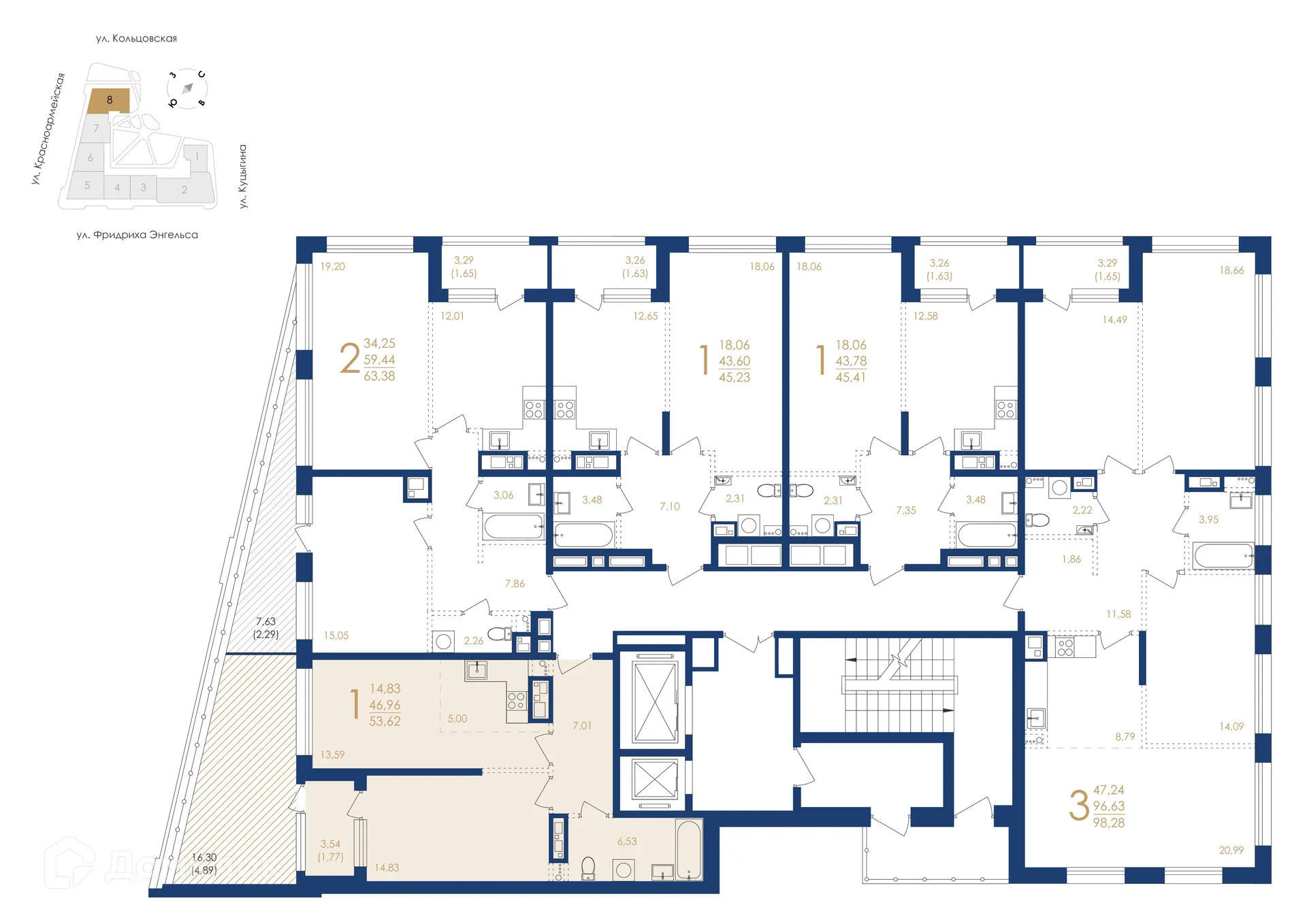 Планировка 1-комнатной квартиры 53.62 м² в ЖК Жилой дом по ул. Фридриха Энгельса, г. Воронеж — фото 6