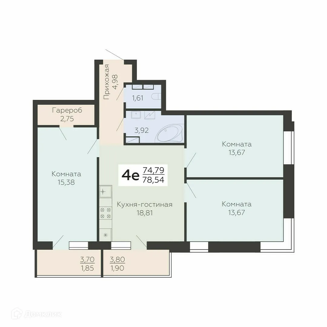 Планировка 4-комнатной квартиры 78.54 м² в ЖК Абрикосовый, г. Воронеж — фото 1