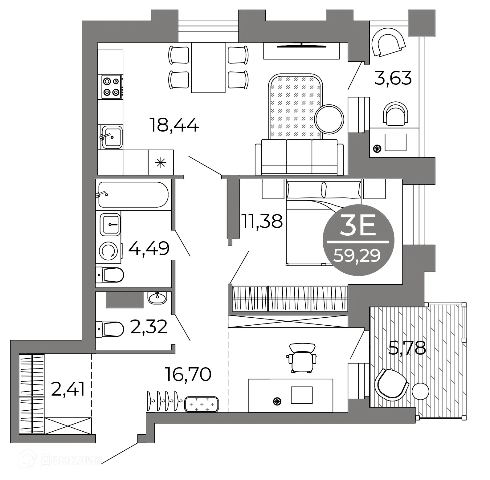 Планировка 3-комнатной квартиры 59.29 м² в ЖК Галилей, г. Воронеж — фото 4