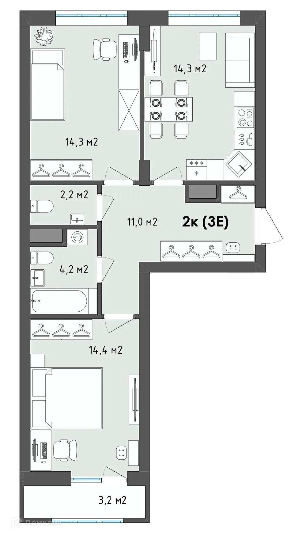 Планировка 2-комнатной квартиры 62 м² в ЖК Джаз, г. Воронеж — фото 5