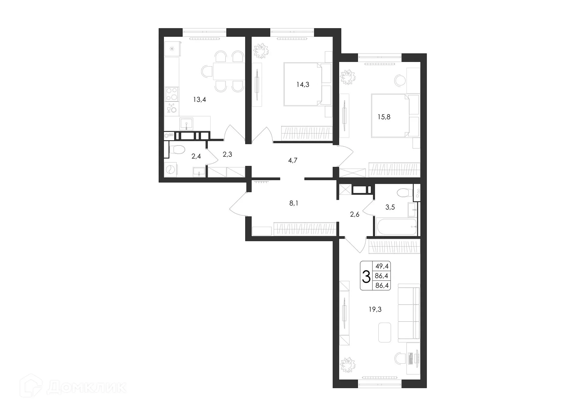 Планировка 3-комнатной квартиры 86.4 м² в ЖК Яблоневые сады, г. Воронеж — фото 2