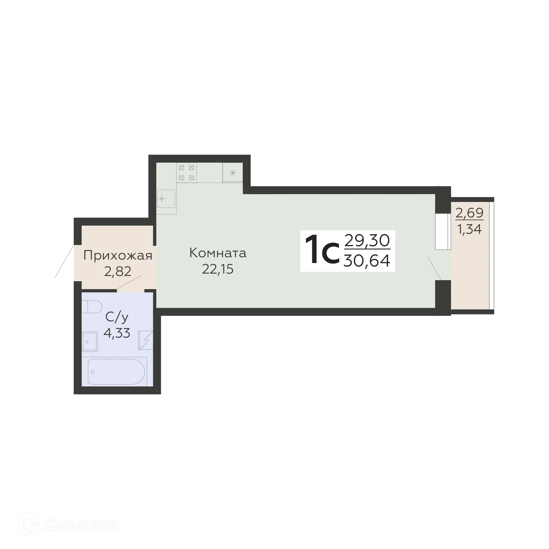 Планировка 1-комнатной квартиры 30.64 м² в ЖК "Никитинские сады", г. Воронеж — фото 1