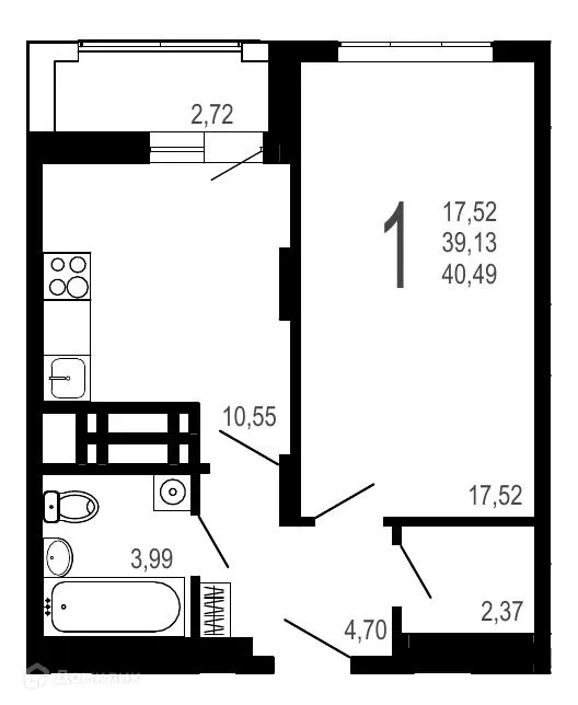 Планировка 1-комнатной квартиры 40.49 м² в ЖК Никитин, г. Воронеж — фото 1
