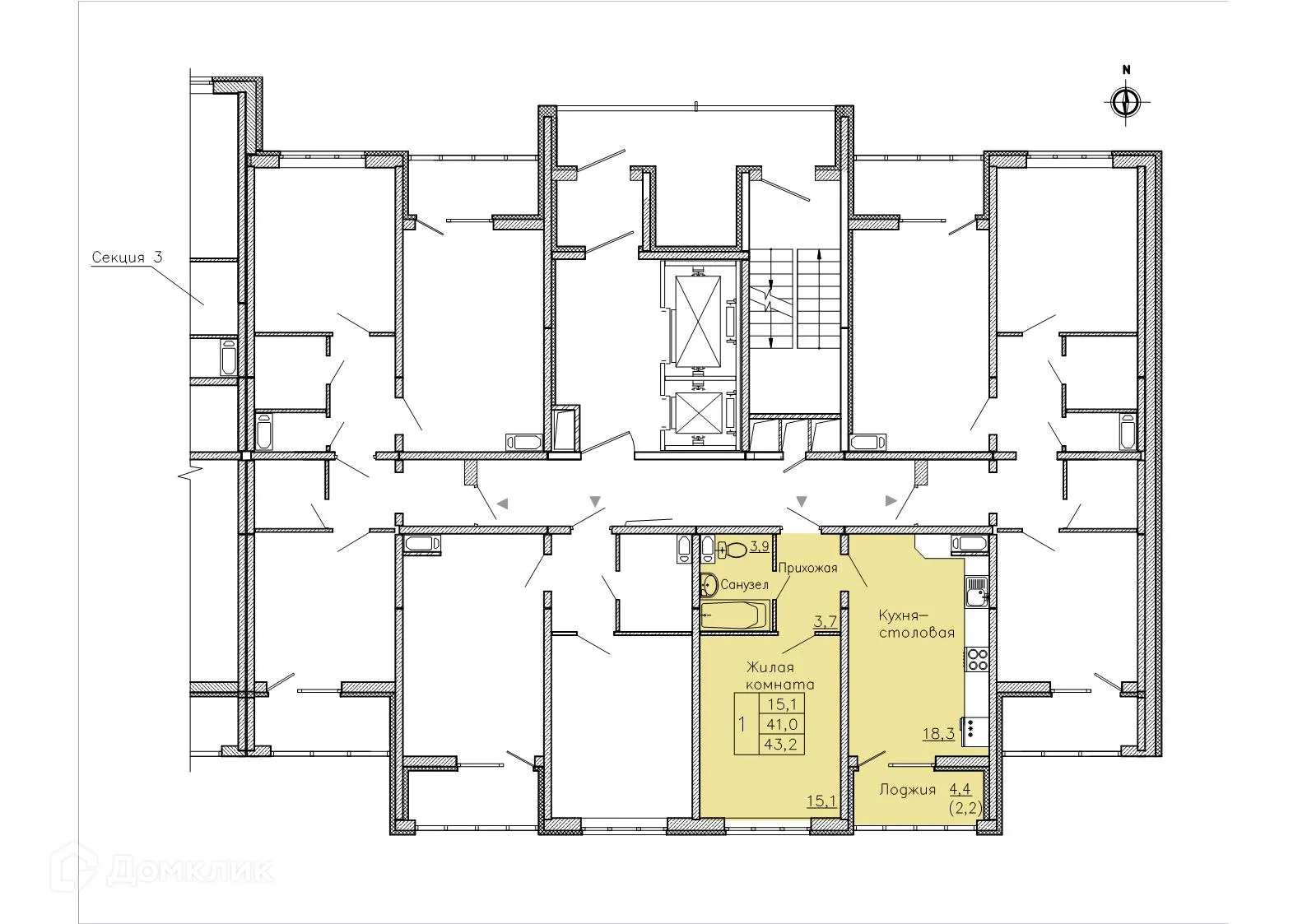 Планировка 1-комнатной квартиры 43.2 м² в ЖК "Боровое", г. Воронеж — фото 2