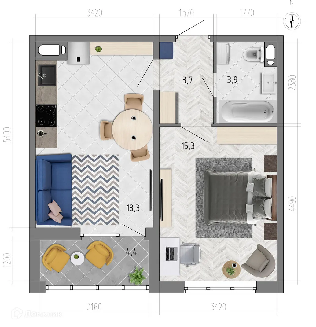 Планировка 1-комнатной квартиры 43.4 м² в ЖК "Боровое", г. Воронеж — фото 1