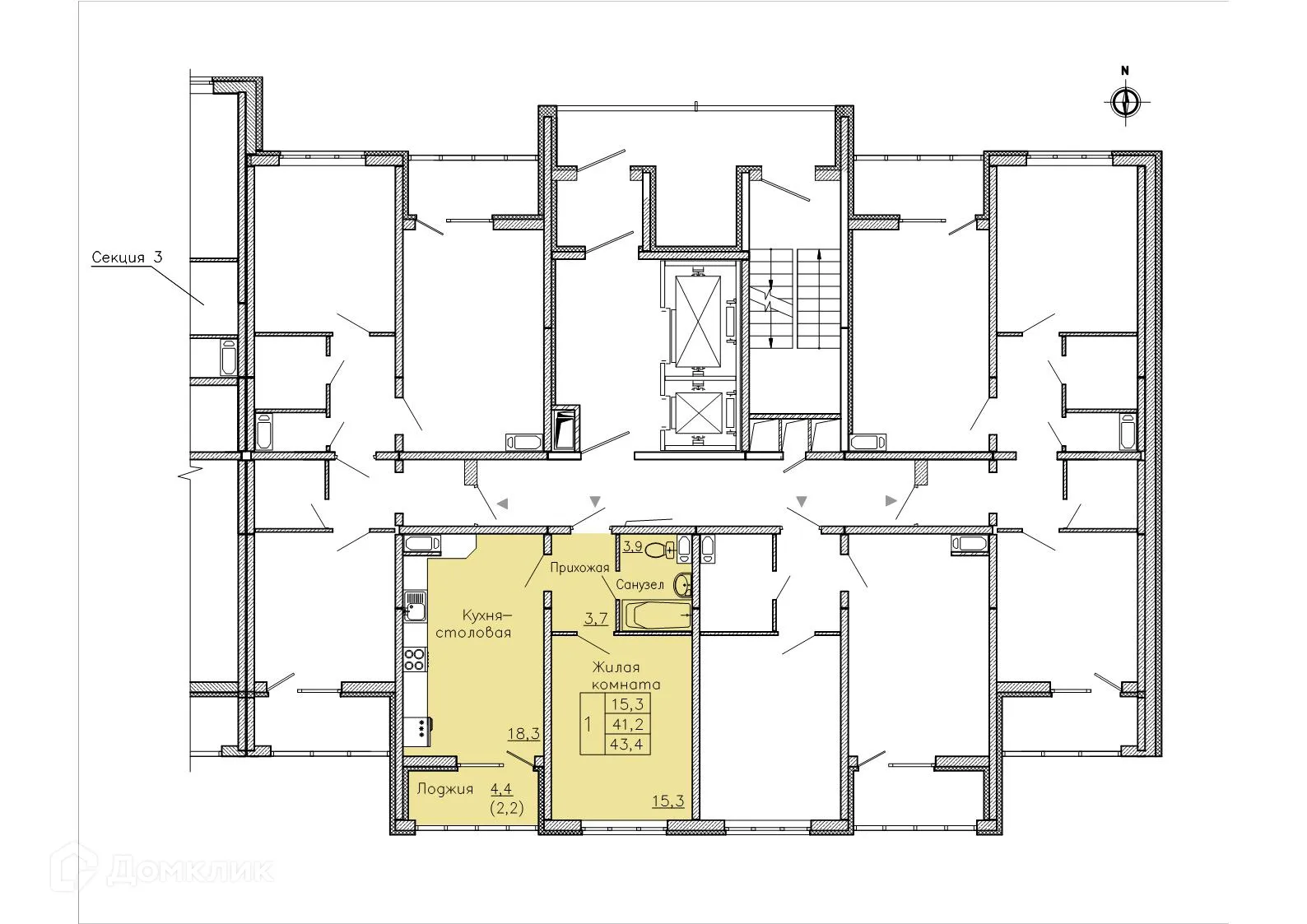 Планировка 1-комнатной квартиры 43.4 м² в ЖК "Боровое", г. Воронеж — фото 2