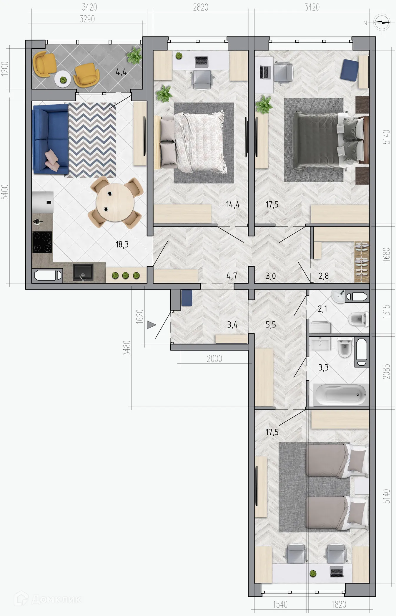 Планировка 3-комнатной квартиры 94.7 м² в ЖК "Боровое", г. Воронеж — фото 1