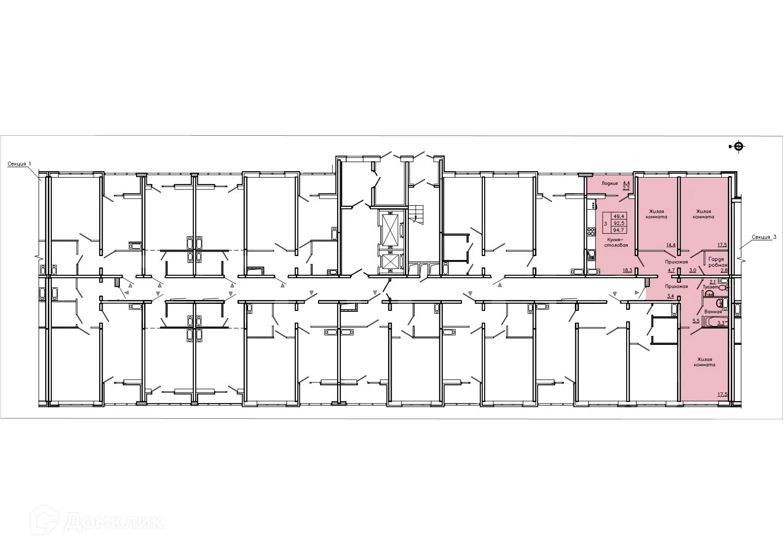 Планировка 3-комнатной квартиры 94.7 м² в ЖК "Боровое", г. Воронеж — фото 2