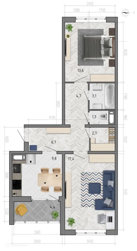 Планировка 2 комн. в ЖК "Боровое"