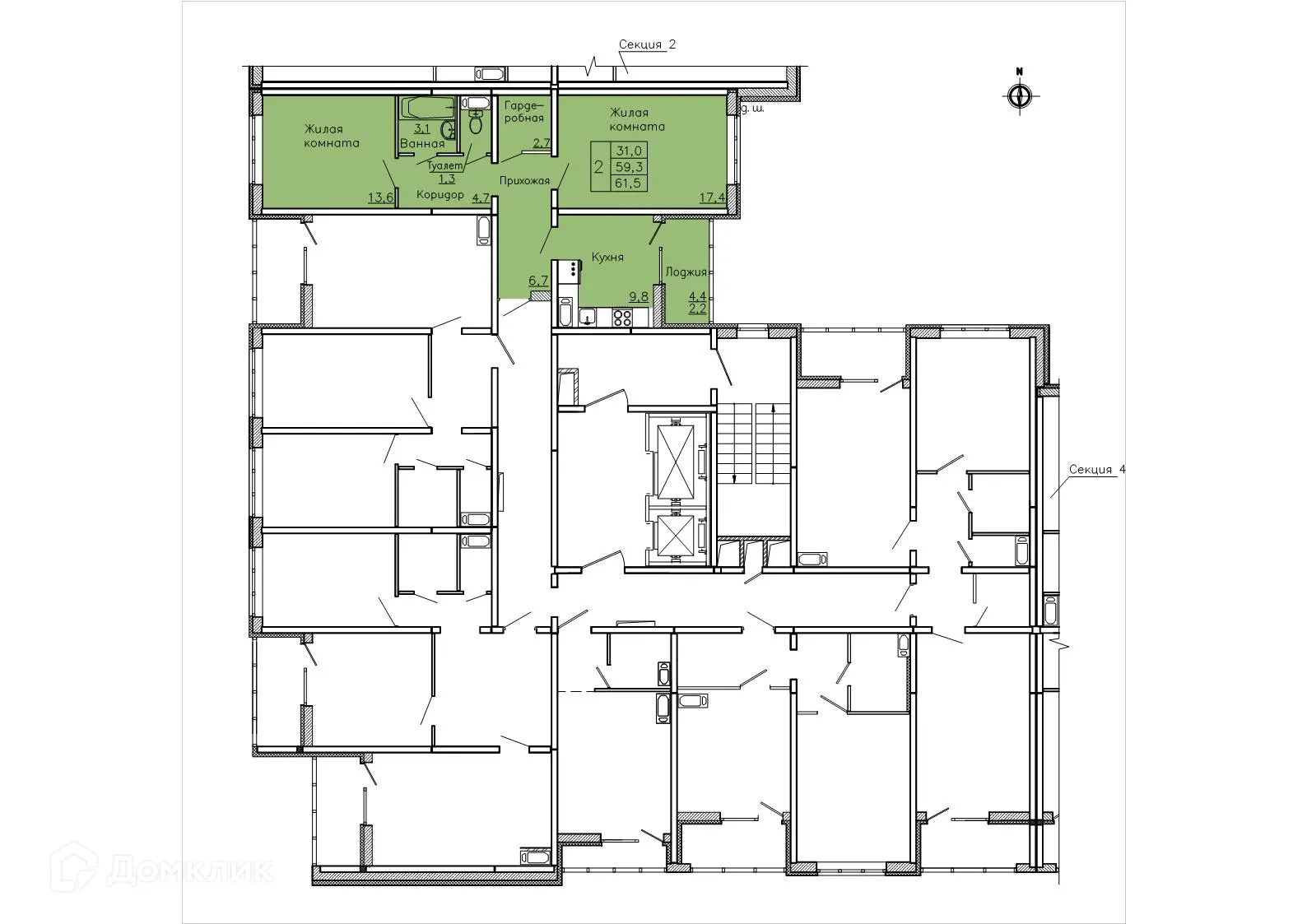Планировка 2-комнатной квартиры 61.5 м² в ЖК "Боровое", г. Воронеж — фото 2