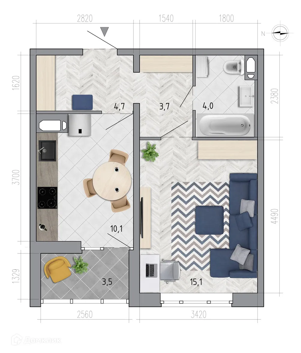 Планировка 1-комнатной квартиры 39.4 м² в ЖК "Боровое", г. Воронеж — фото 1