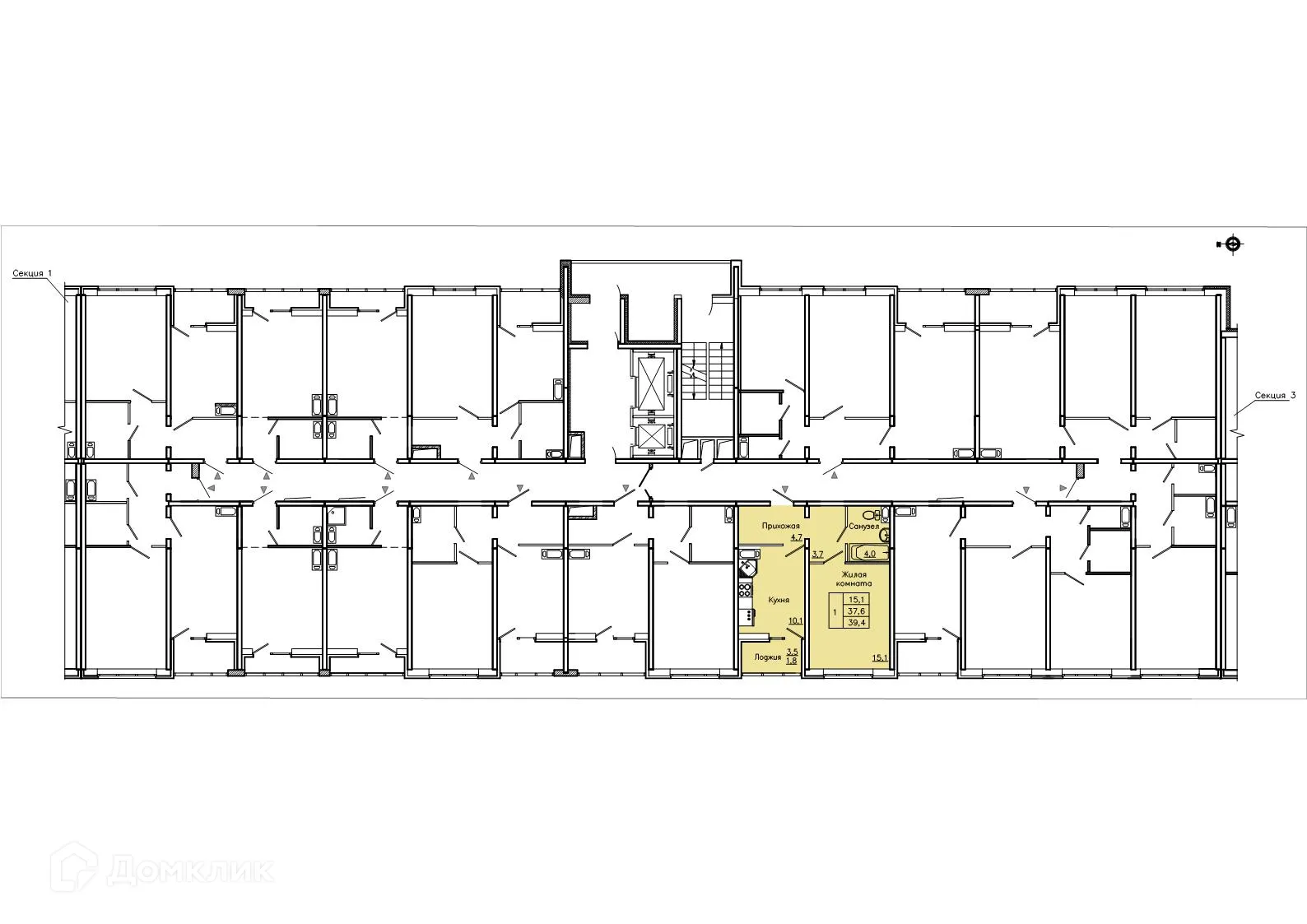 Планировка 1-комнатной квартиры 39.4 м² в ЖК "Боровое", г. Воронеж — фото 2