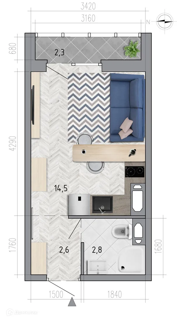 Планировка студии квартиры 21.1 м² в ЖК "Боровое", г. Воронеж — фото 1