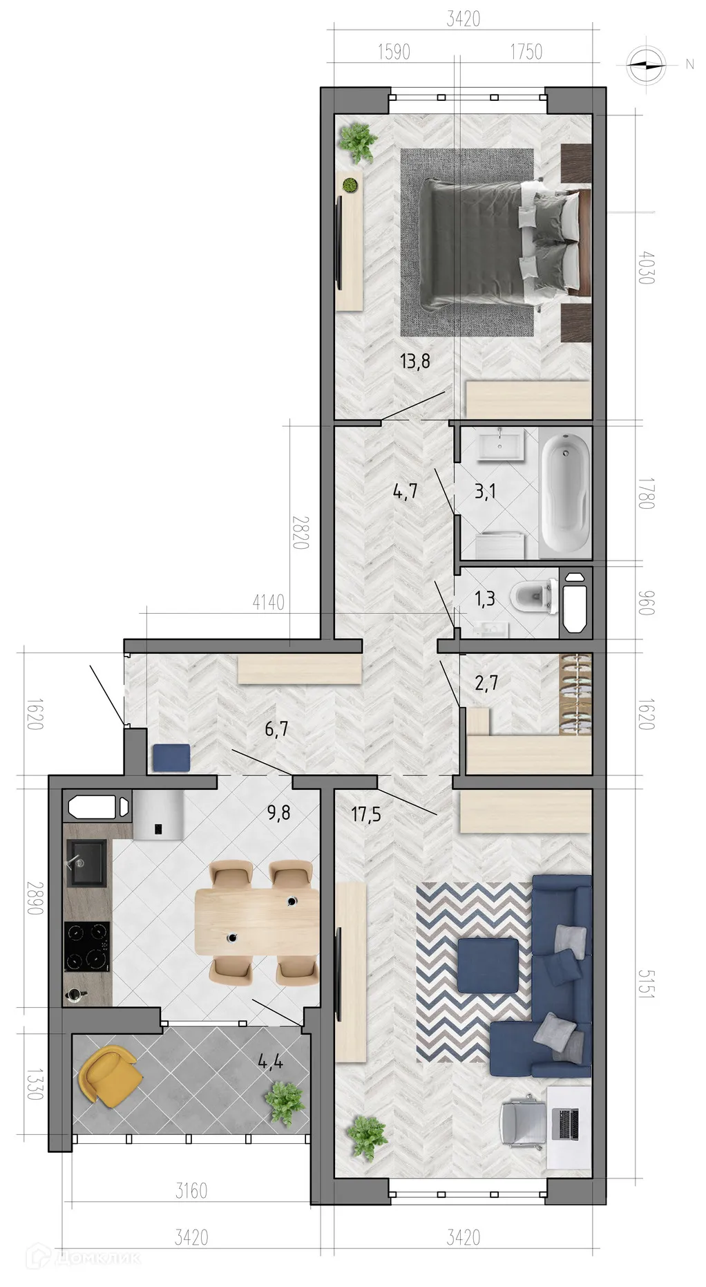 Планировка 2-комнатной квартиры 61.8 м² в ЖК "Боровое", г. Воронеж — фото 1