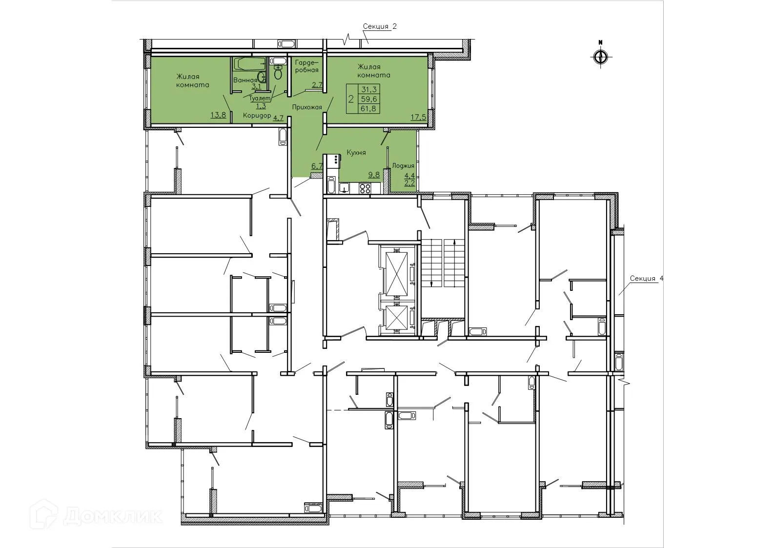 Планировка 2-комнатной квартиры 61.8 м² в ЖК "Боровое", г. Воронеж — фото 2