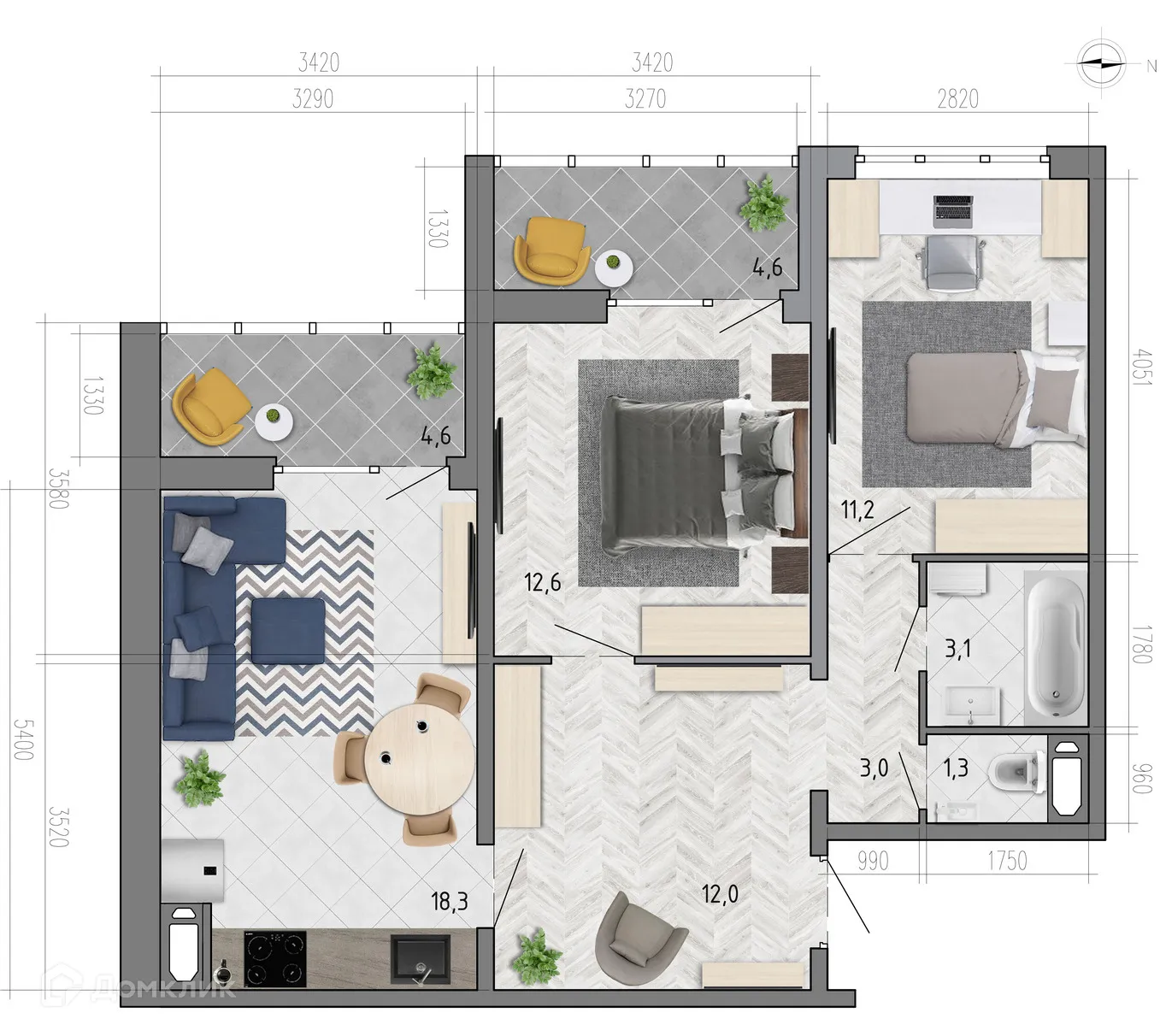 Планировка 2-комнатной квартиры 66.1 м² в ЖК "Боровое", г. Воронеж — фото 1