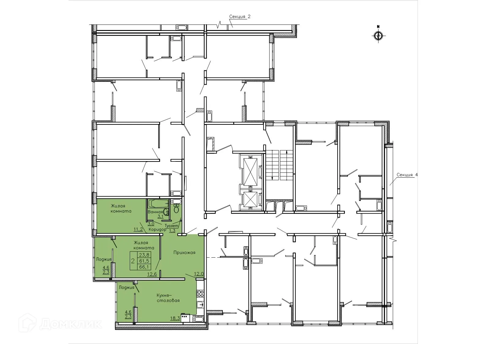 Планировка 2-комнатной квартиры 66.1 м² в ЖК "Боровое", г. Воронеж — фото 2