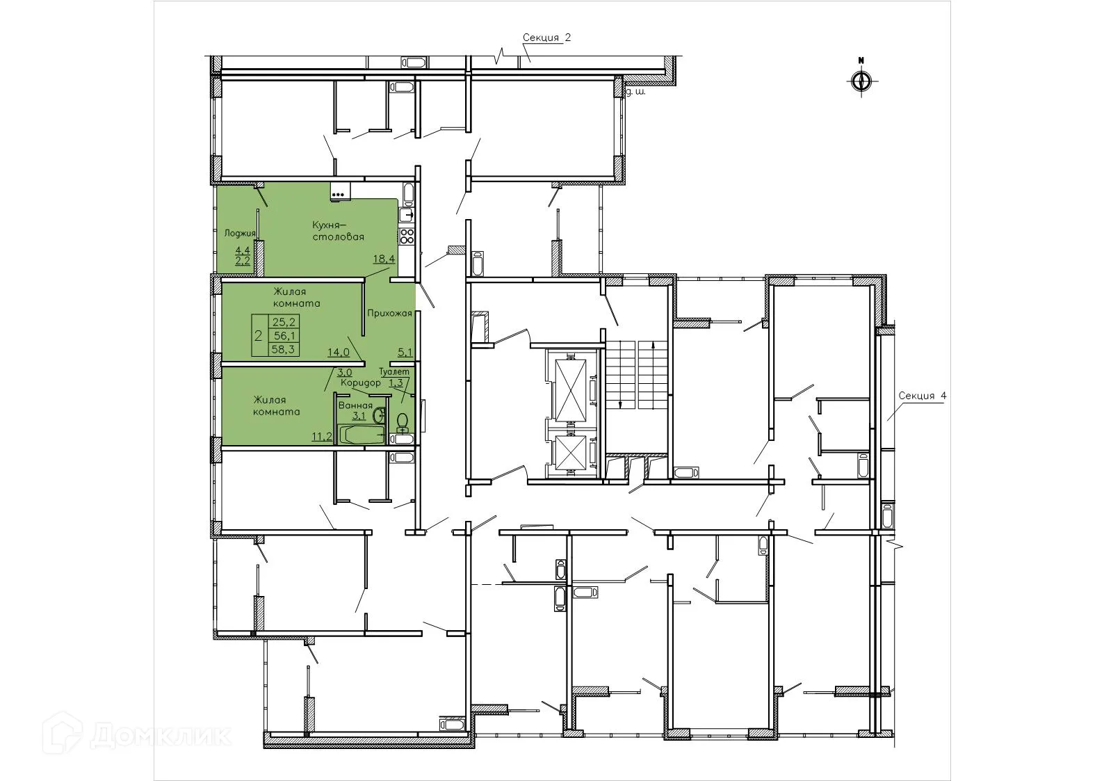 Планировка 2-комнатной квартиры 58.3 м² в ЖК "Боровое", г. Воронеж — фото 2